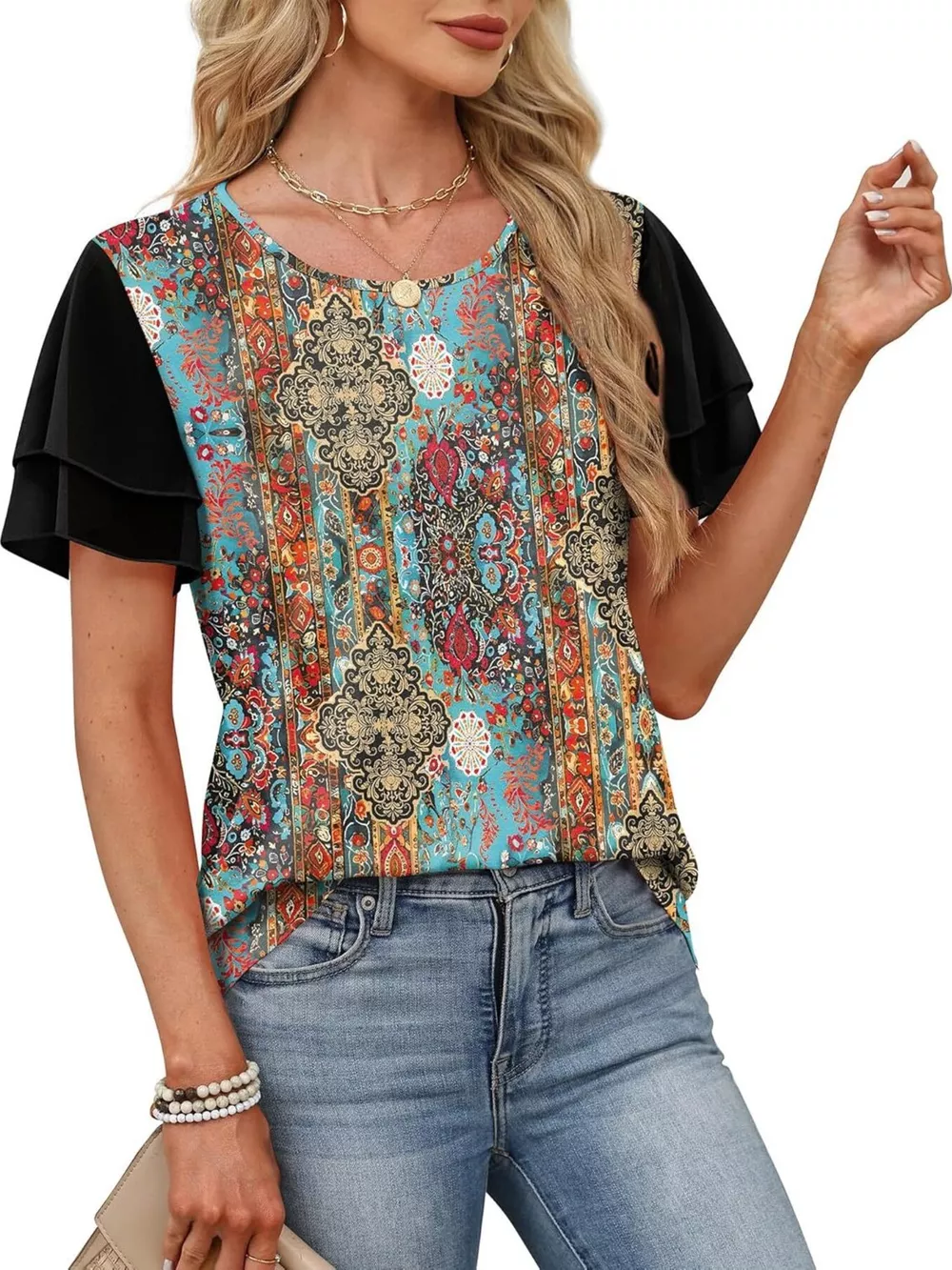Layered Short Sleeve Round Neck T-Shirt, image 31