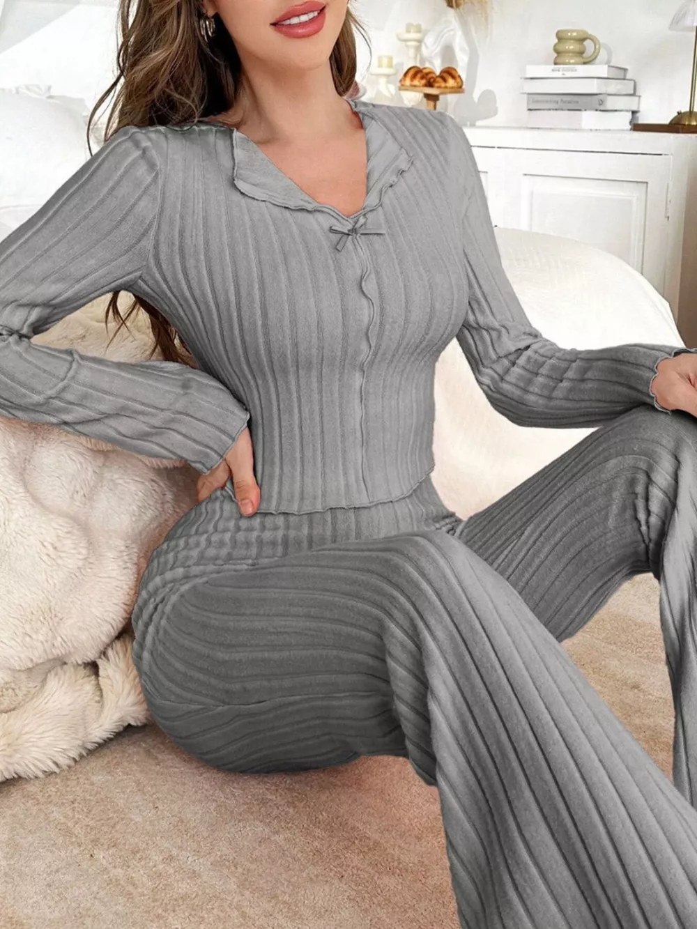 Bow Detail Ribbed Knit Top and Pants Lounge Set, image 14