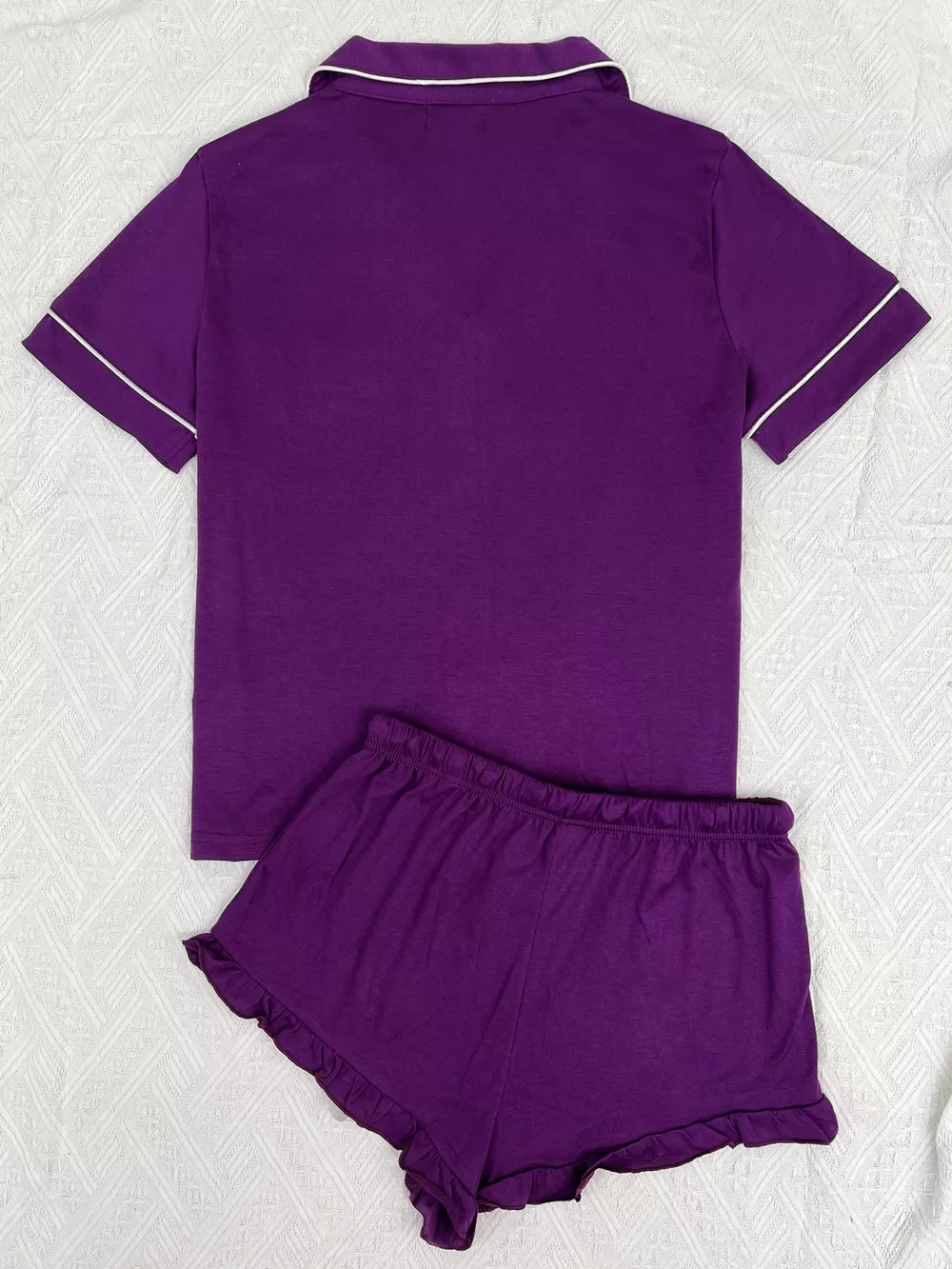Contrast Piping Button-Down Shirt and Ruffle Shorts Lounge Set, image 10