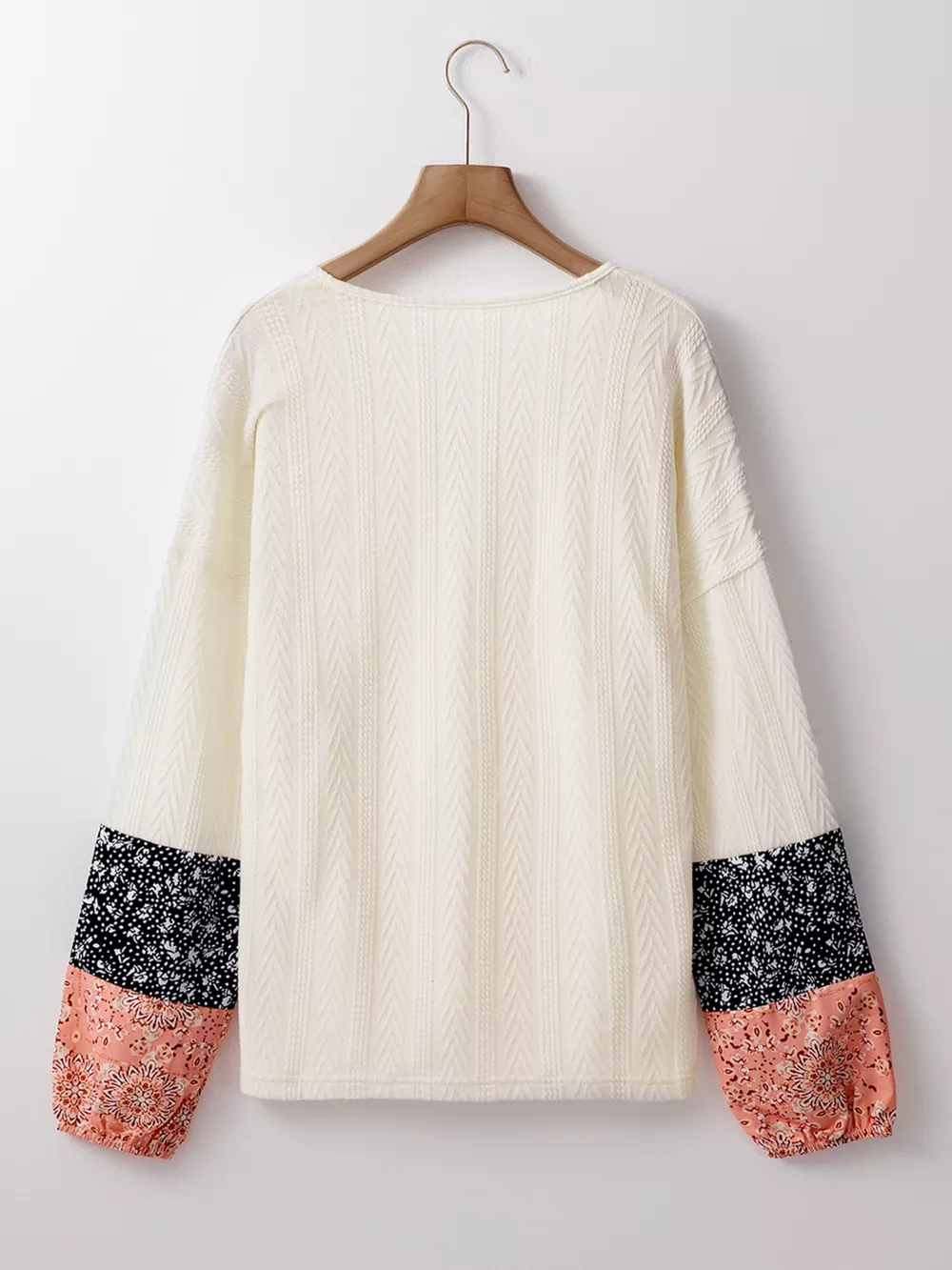 Floral Patchwork Textured Knit Drawstring V Neck Blouse, image 5