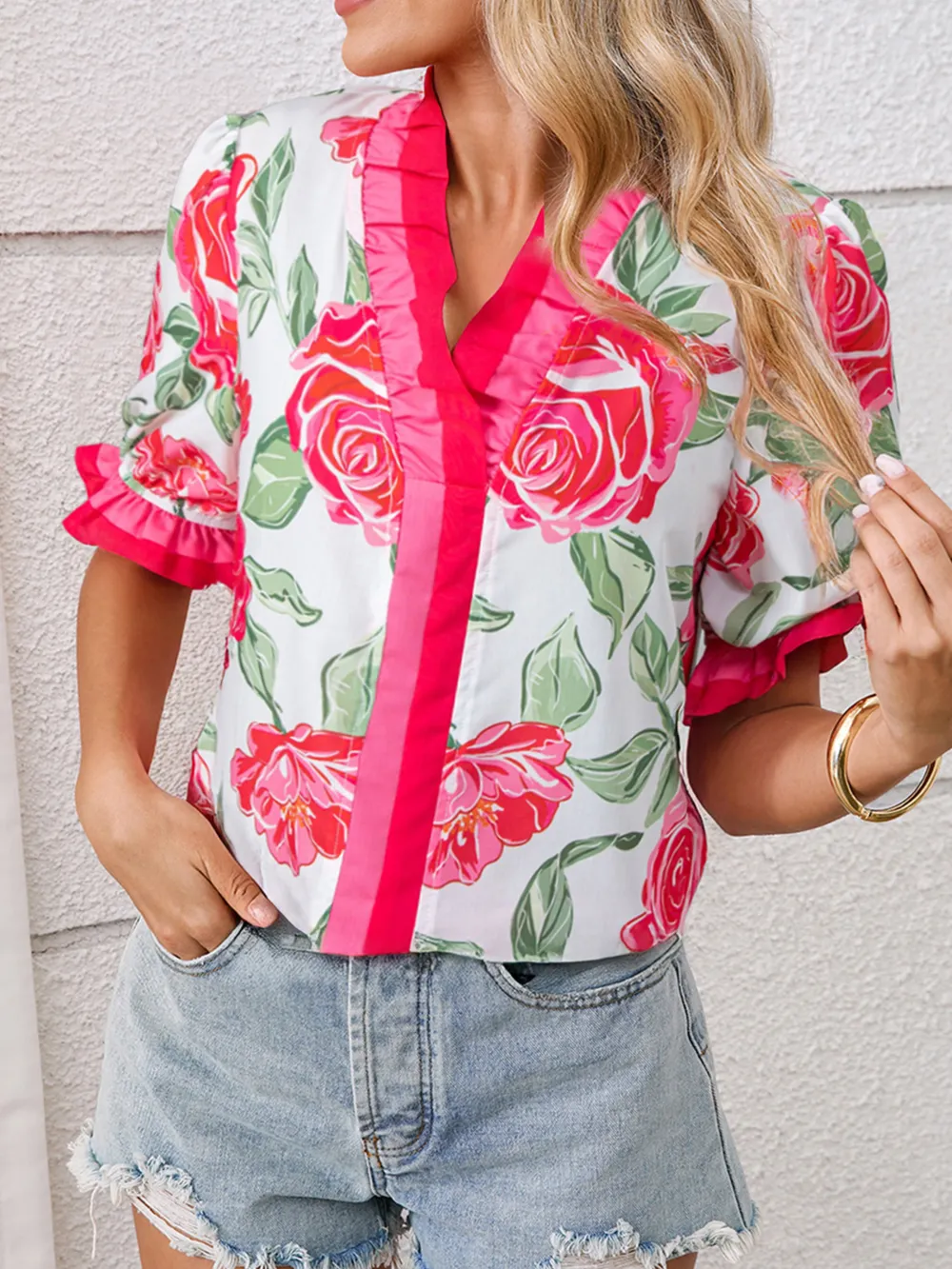 Floral Frilled V Neck Short Sleeve Blouse, image 15
