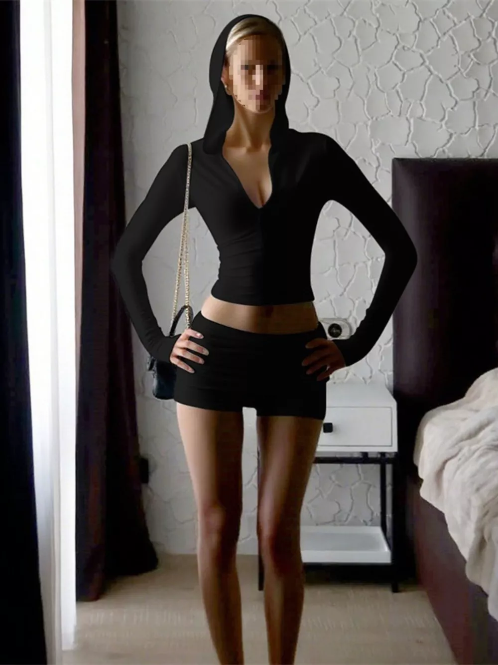 Long Sleeve Zip-Up Hoodie and Ruched Shorts Set, image 8