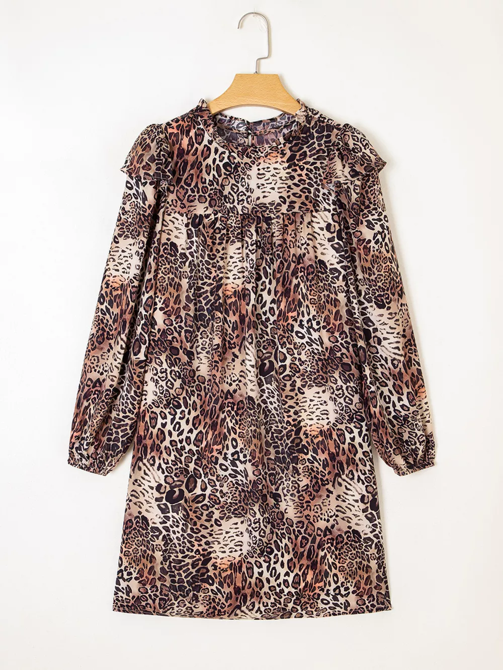 Leopard Ruffled Detail Long Sleeve Loose Mini Dress, image 10