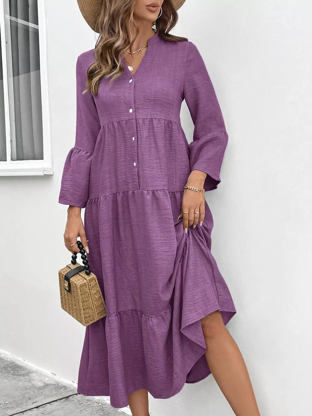 Ruffle Hem Button Front Tiered Dress, image 21