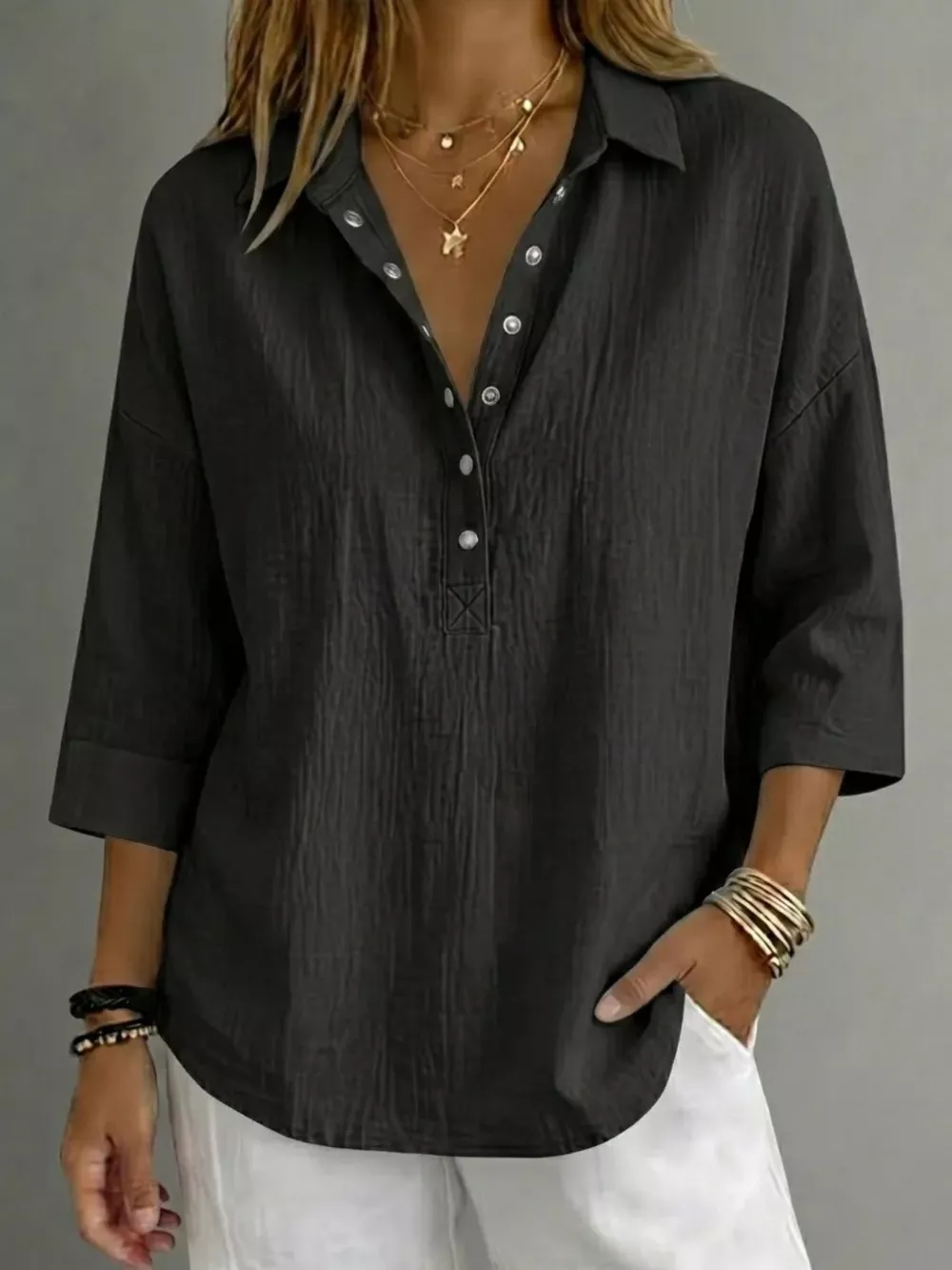 Full Size Snap Down 3/4 Sleeves Blouse Plus Size, image 9