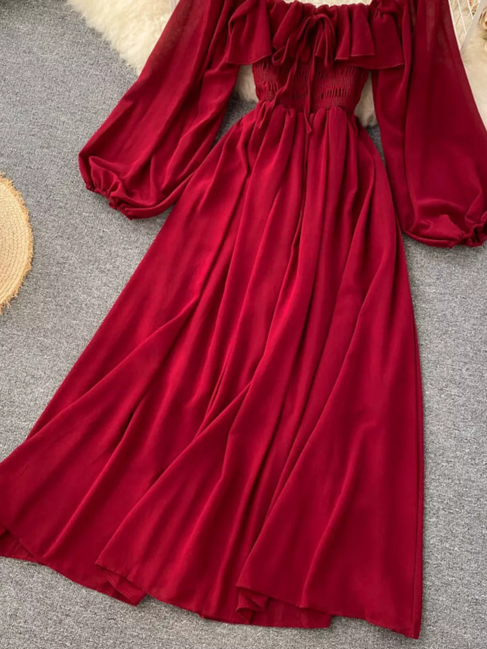 Ruffle Square Neck Balloon Sleeve A-Line Dress, image 26