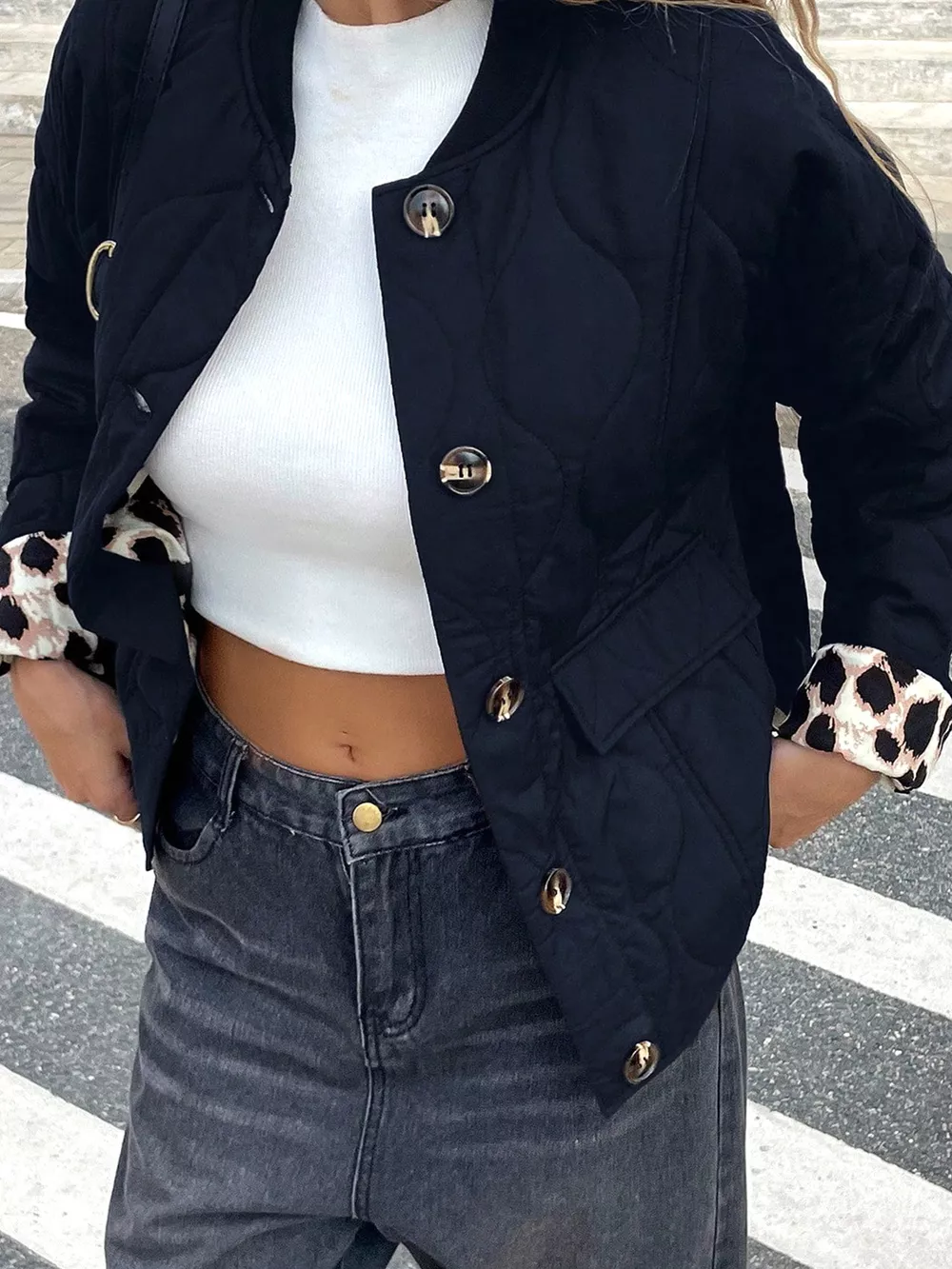 Quilted Leopard Cuff Button Down Puffer Jacket