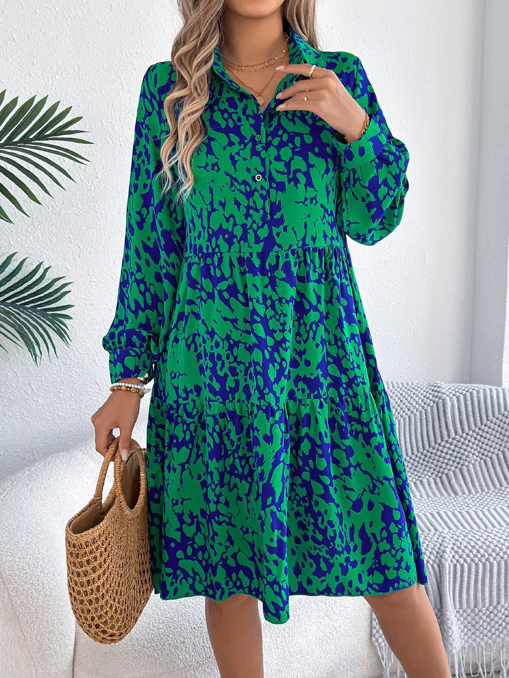Printed Collared Neck Long Sleeve Dress, image 11