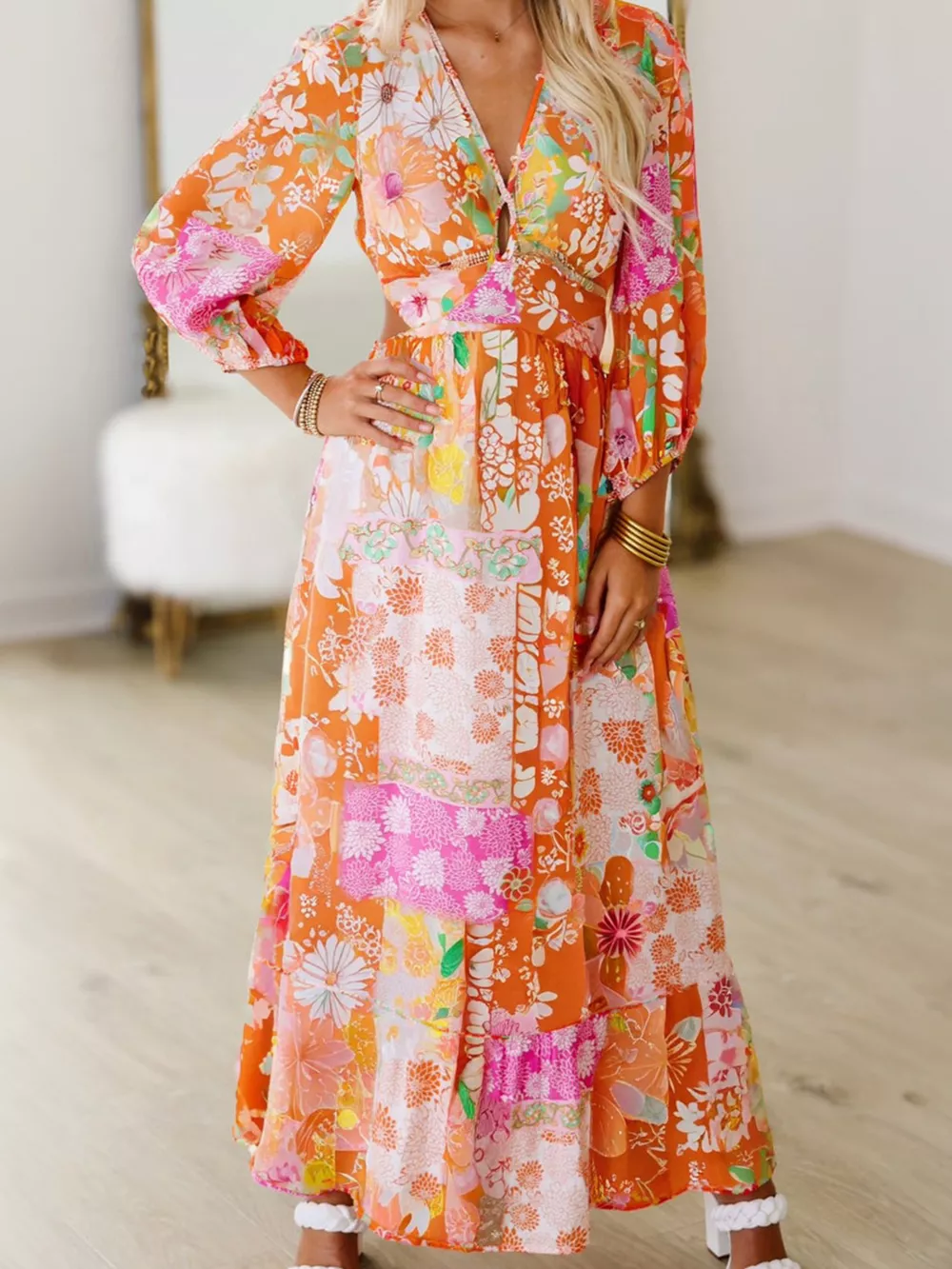 Vibrant Floral Long Sleeve Dress with Lace-Up Back, image 3