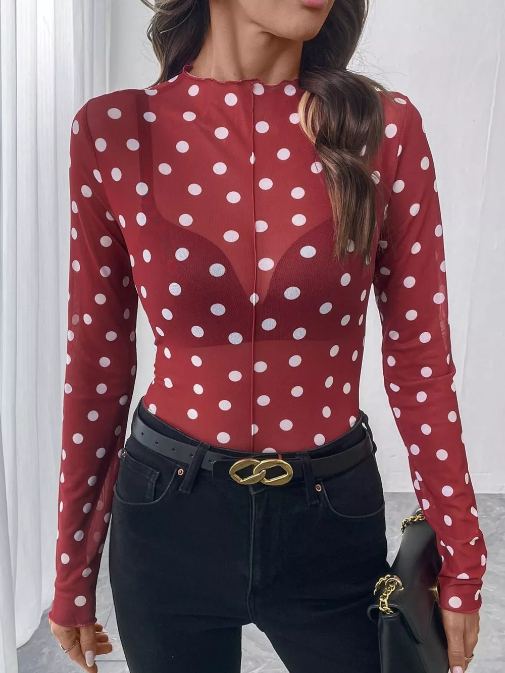 Sheer Polka Dot Long Sleeve Mock Neck Top, image 11
