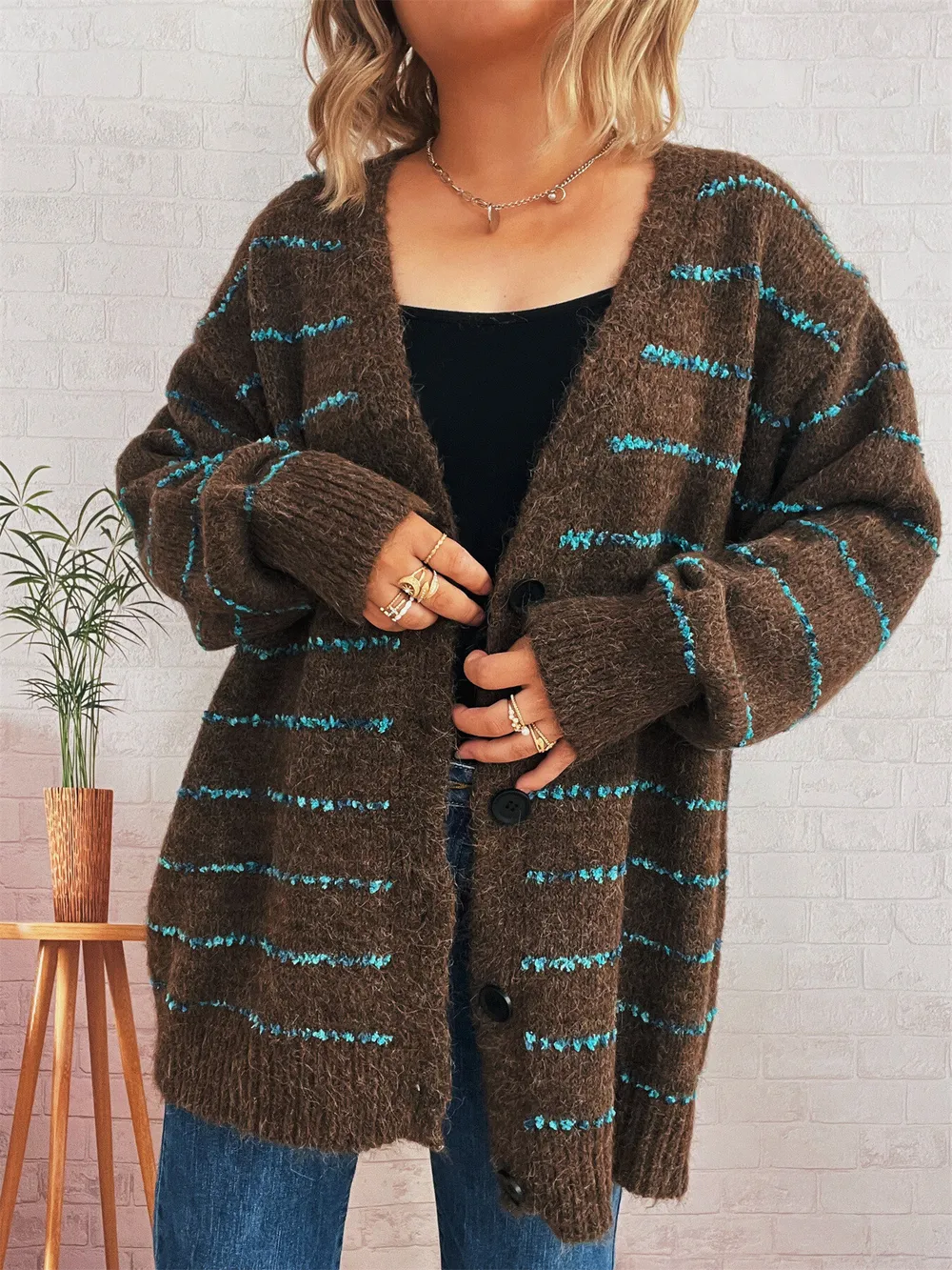 Striped Button-Up Cardigan with V-Neck Design, image 10