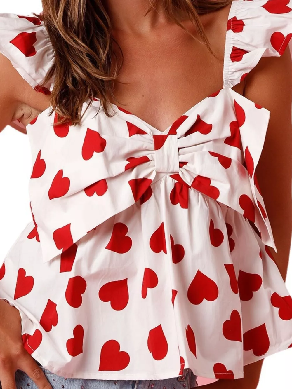 Heart Print Ruffle Trim Bow Tank, image 3