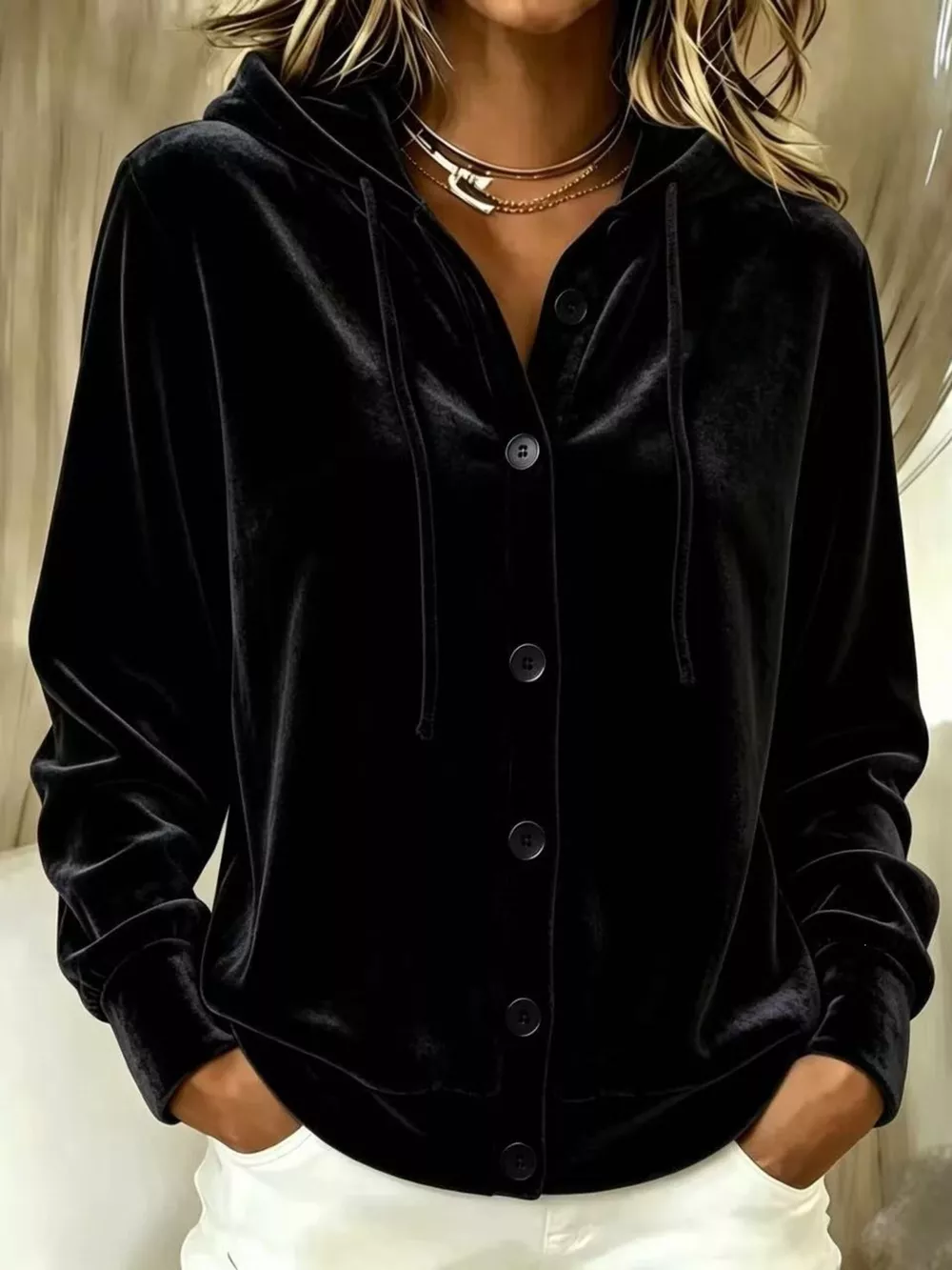 Full Size Velvet Button-Down Hooded Outerwear Plus Size, image 9