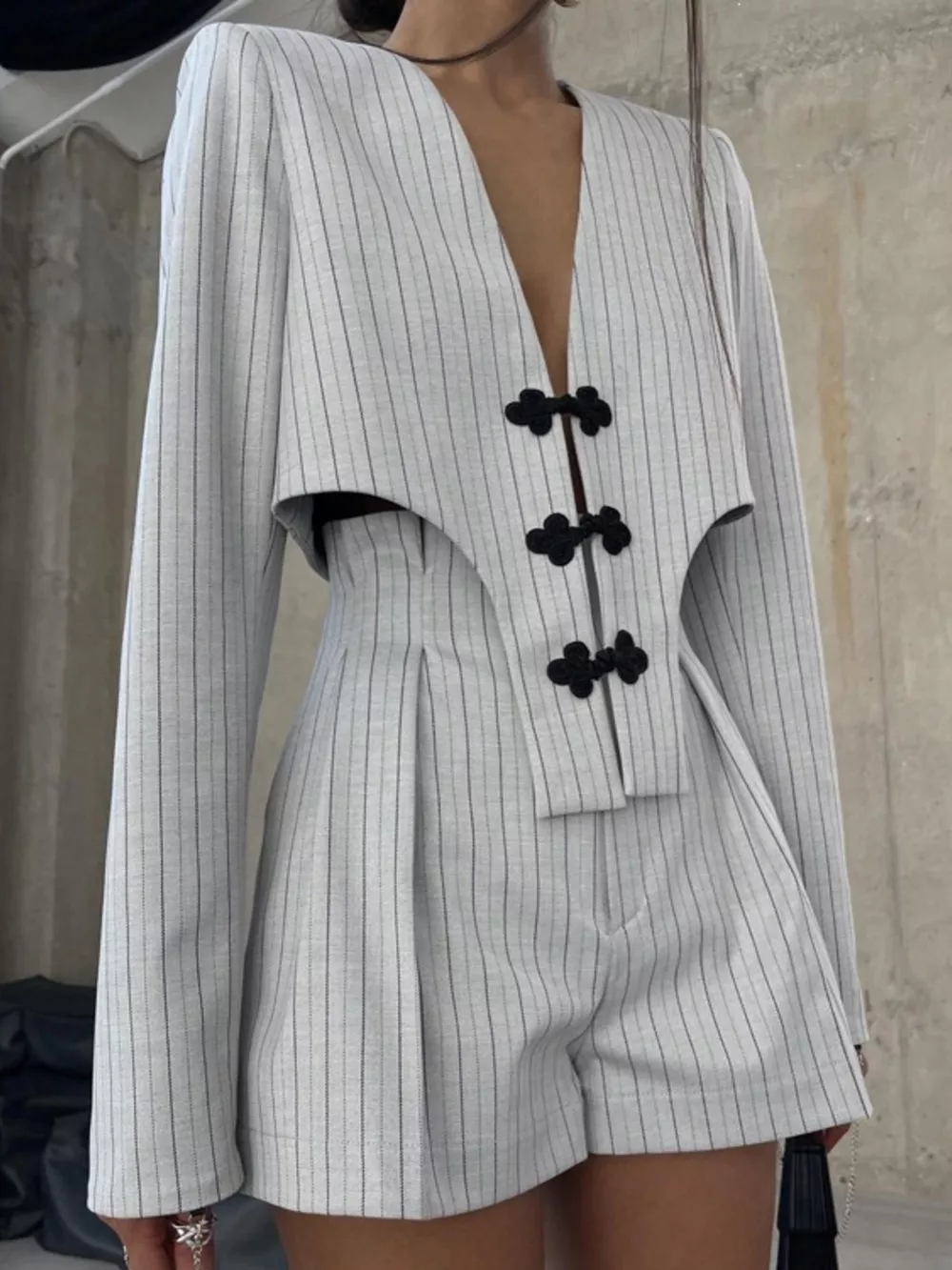 Pinstripe Cropped Blazer and Pleated Shorts Set