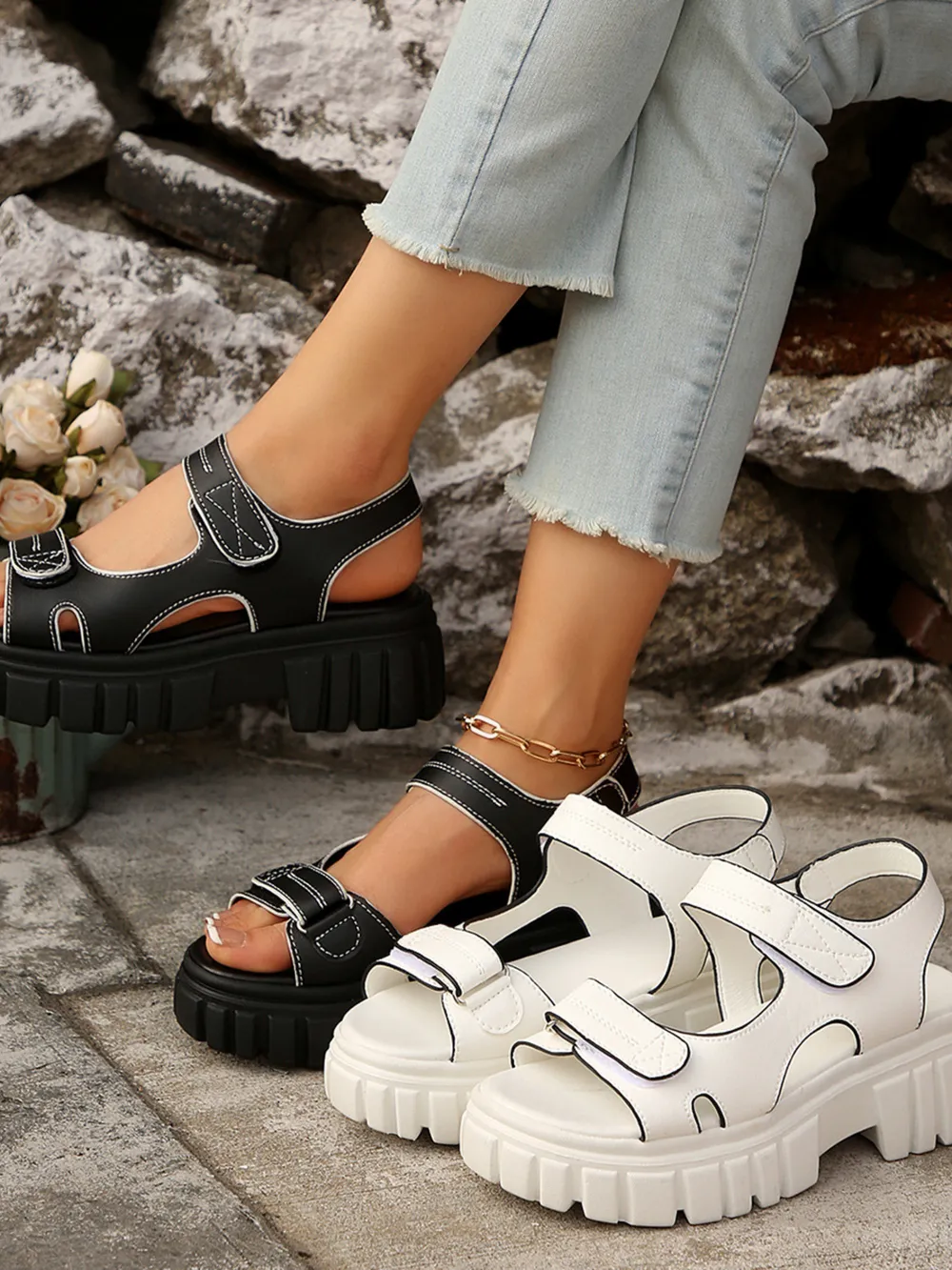 Platform Chunky Velcro Strap Sandals, image 2
