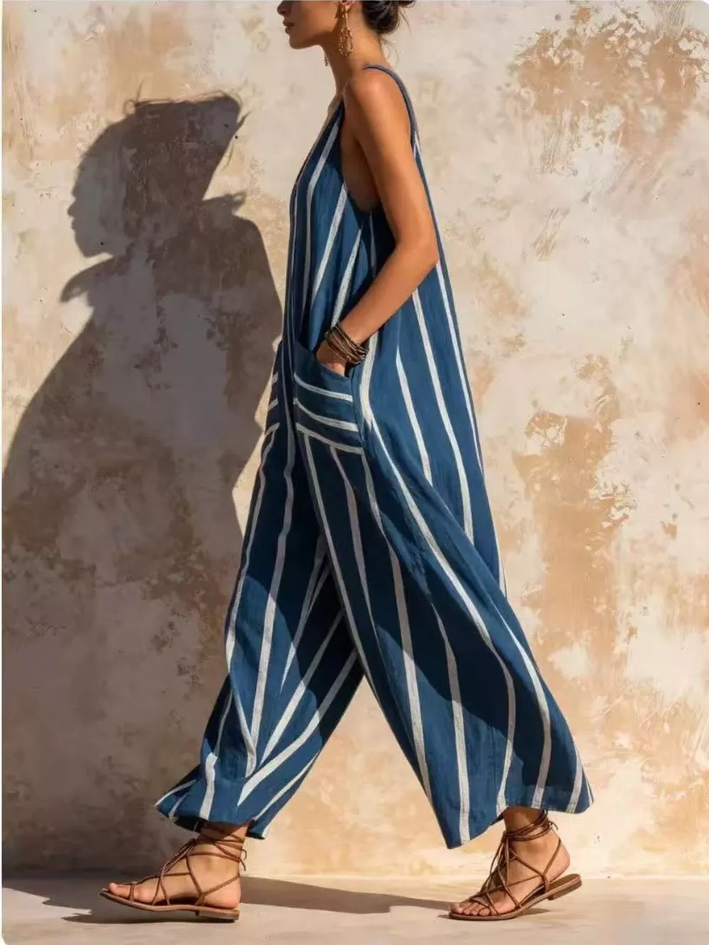 Striped V-Neck Sleeveless Wide-Leg Jumpsuit, image 6