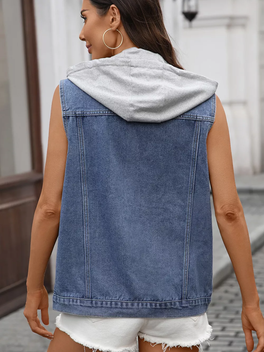 Button Up Removable Hooded Sleeveless Denim Jacket, image 4