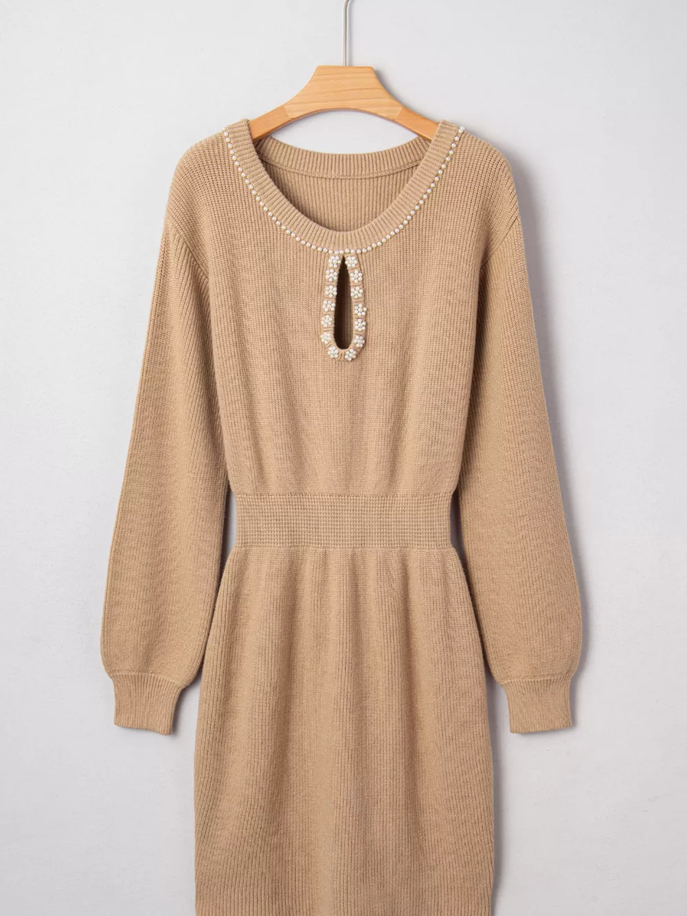 Pearl Embellished Keyhole Ribbed Sweater Dress, image 10