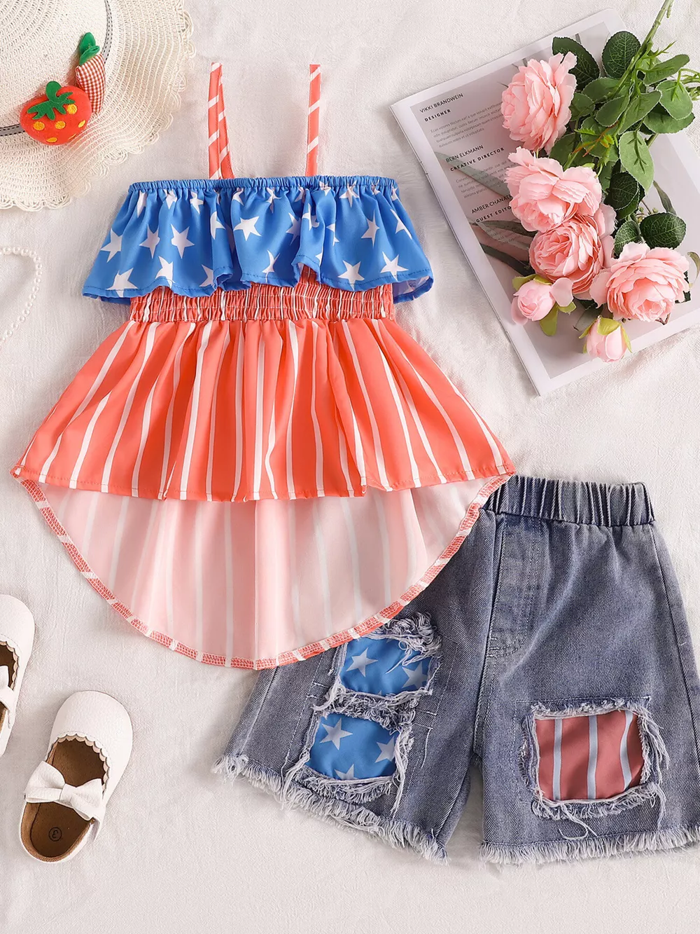 Children's Patriotic Star-Spangled Cami and Denim Shorts Set, image 2