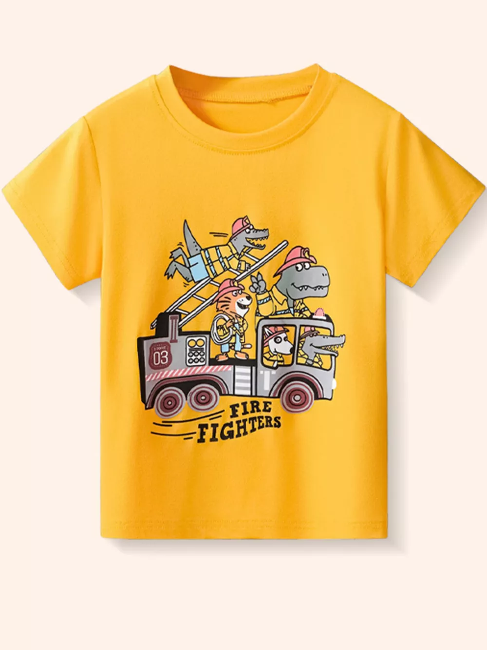 Children's Cartoon Firefighter Graphic Short Sleeve T-Shirt