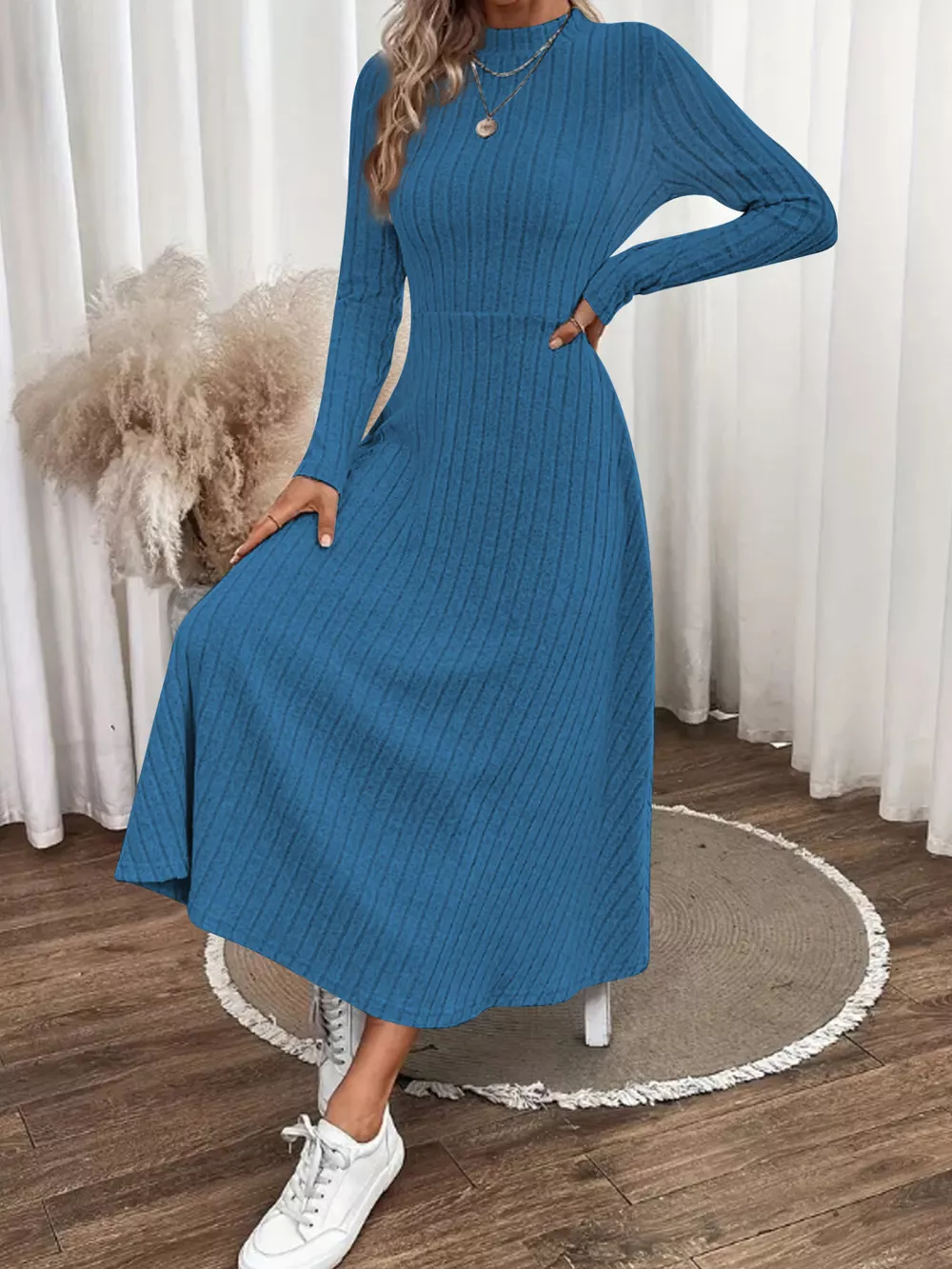 Ribbed Knit Long Sleeve Midi Dress, image 2