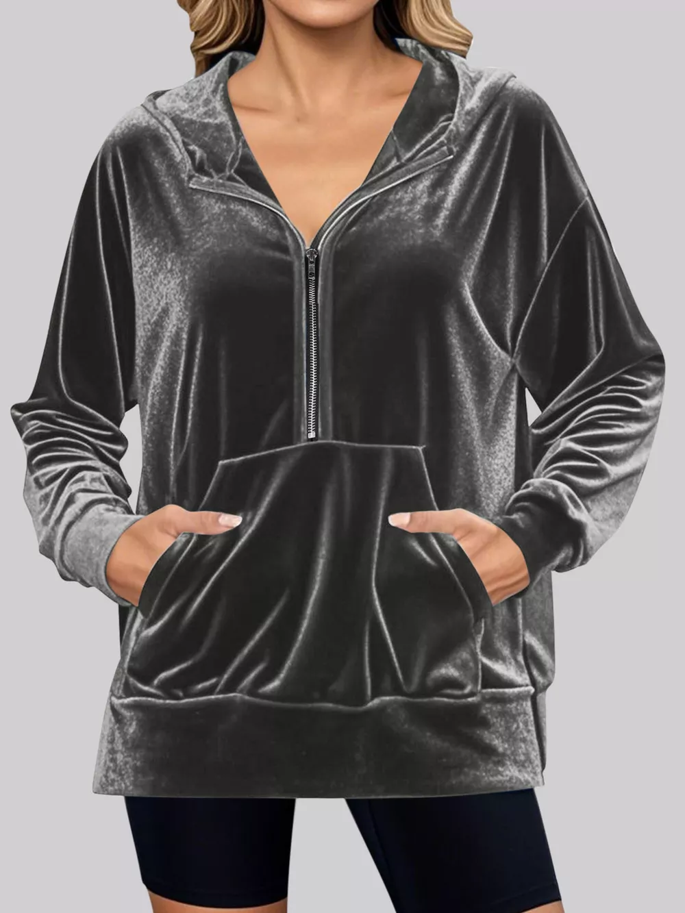 Full Size Velvet Half Zip Hoodie with Kangaroo Pocket Plus Size, image 15
