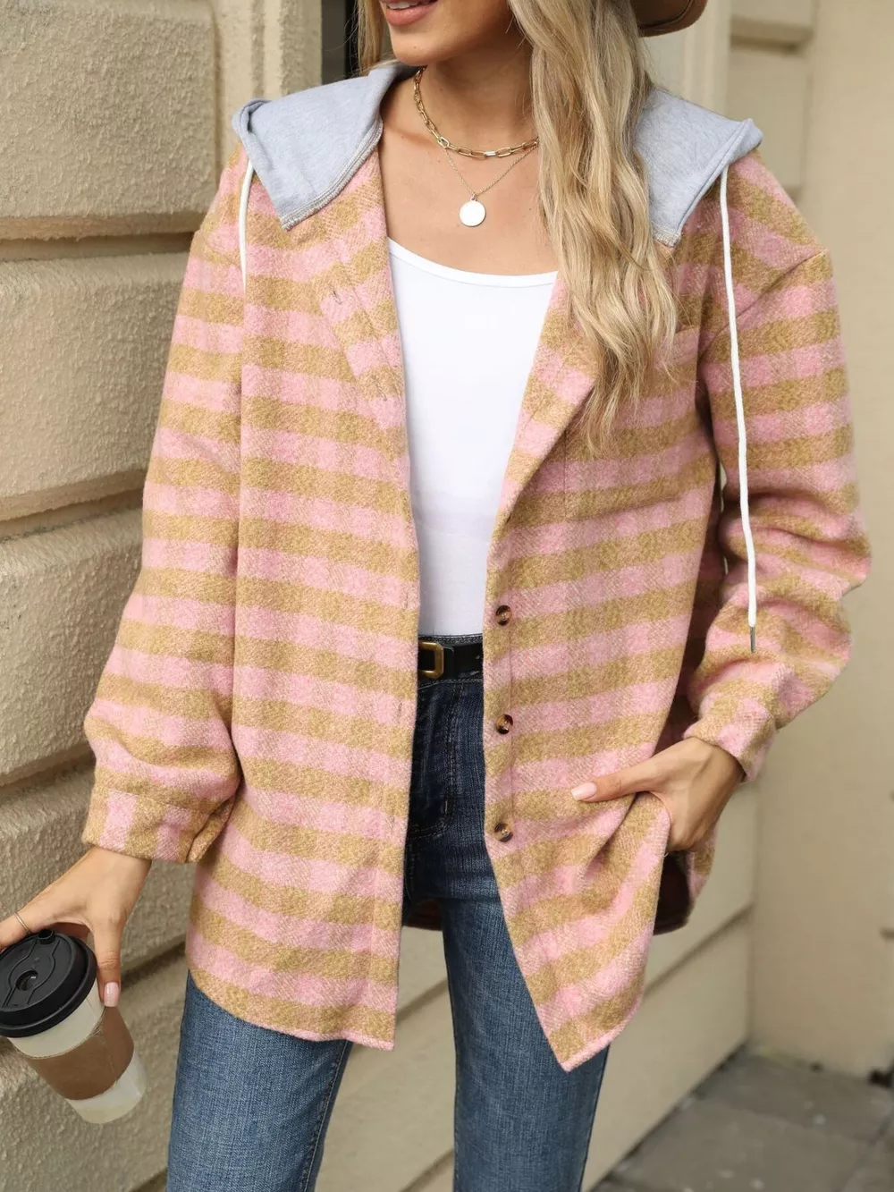 Plaid Button Up Long Sleeve Drawstring Hooded Jacket, image 17