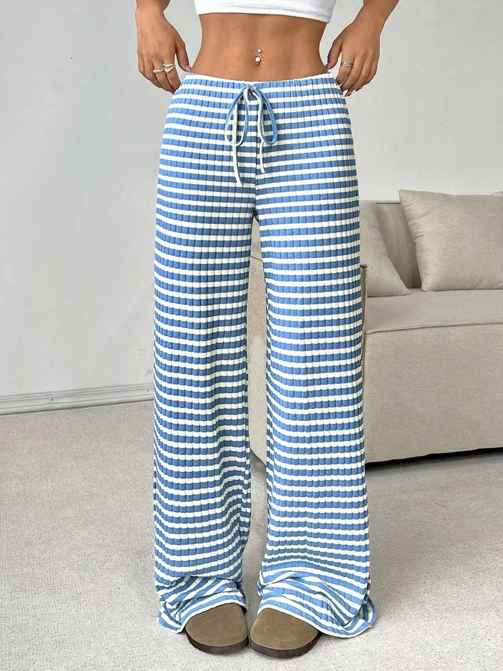 Striped Ribbed Knit Drawstring Waist Wide Leg Pants, image 12