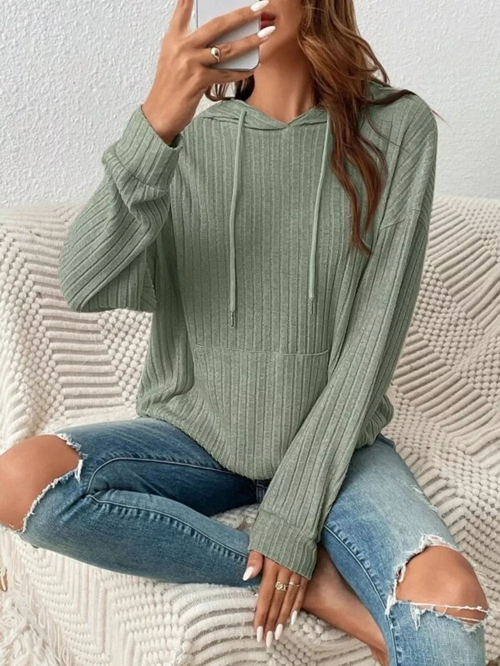 Casual Ribbed Knit Drawstring Hoodie, image 15