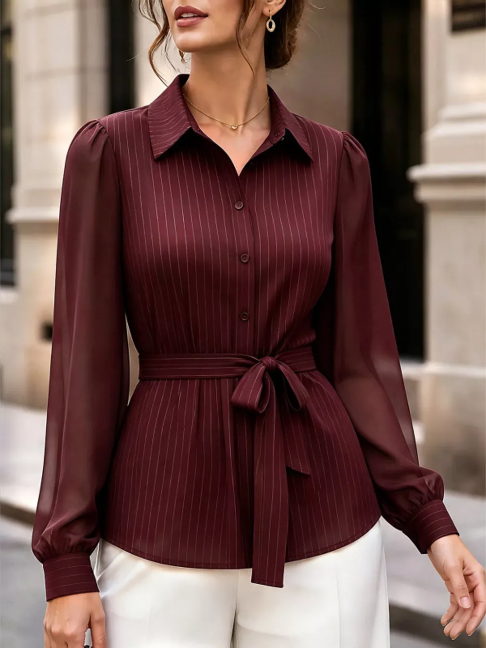 Striped Tie Waist Long Sleeve Shirt, image 7