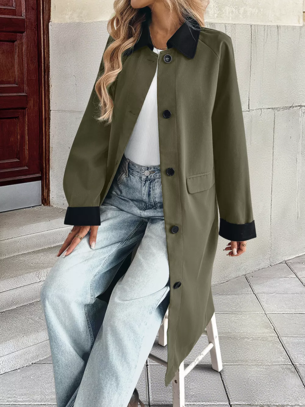 Contrast Collar Button Up Coat, image 10