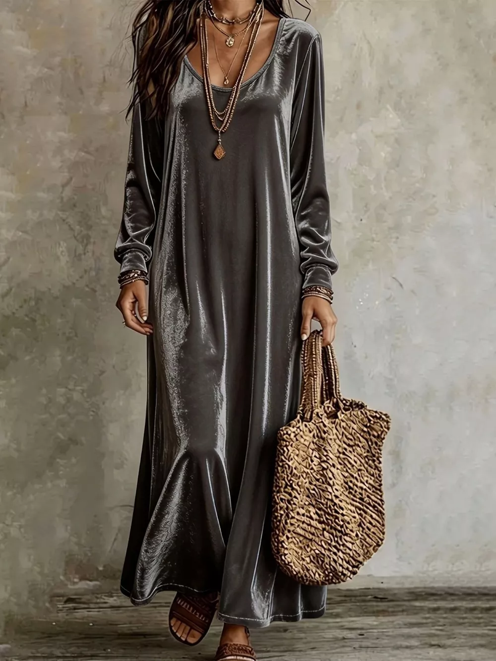 Velvet Maxi Dress with Flowy Hem, image 4
