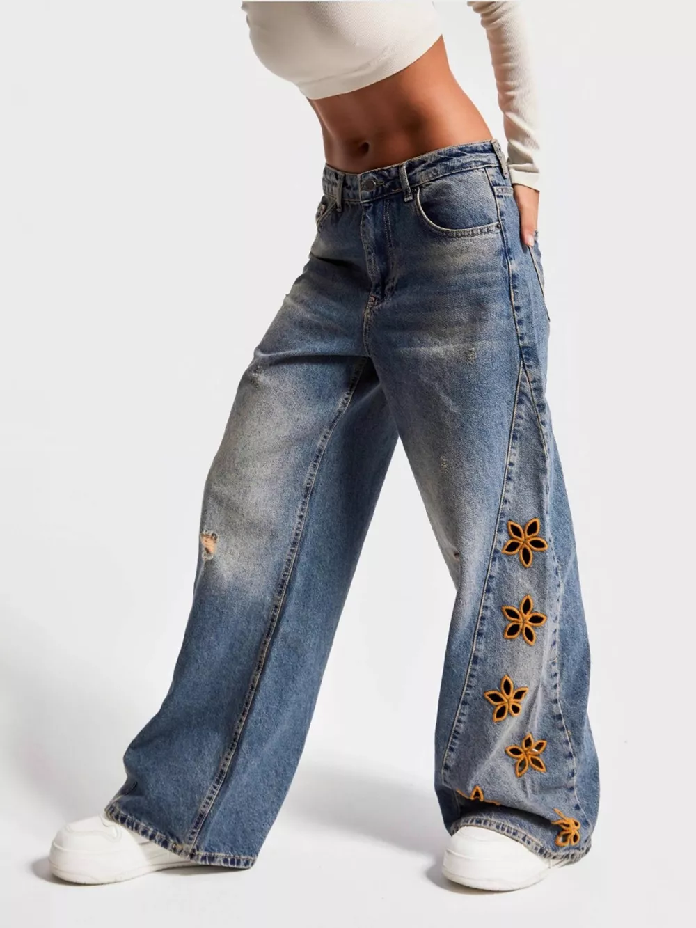 Floral Embroidered Wide Leg Jeans