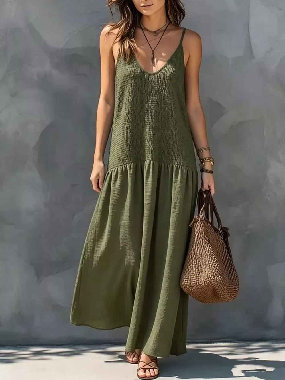 Sleeveless Smocked V-Neck Casual Maxi Dress, image 5