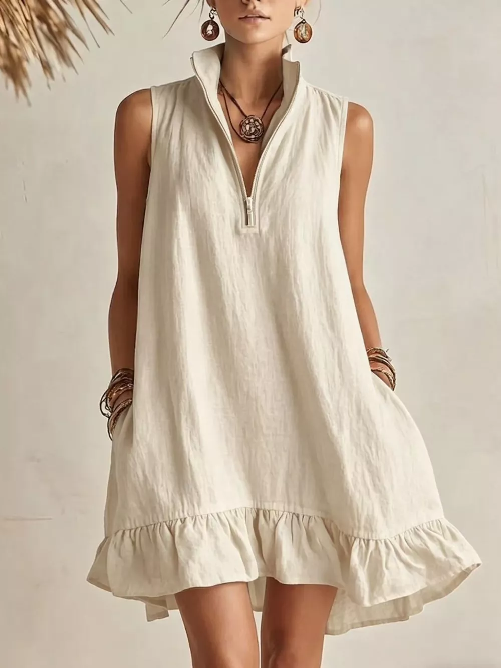 Sleeveless Zipper-Neck Ruffle Hem Mini Dress