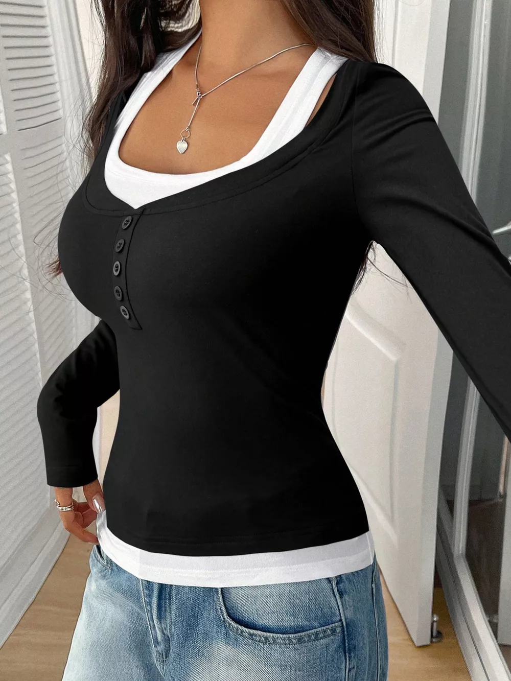 Scoop Neck Long Sleeve Fake Two-Piece T-Shirt, image 11