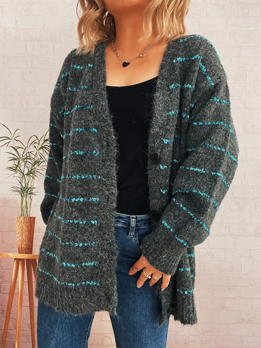 Striped Button-Up Cardigan with V-Neck Design, image 20
