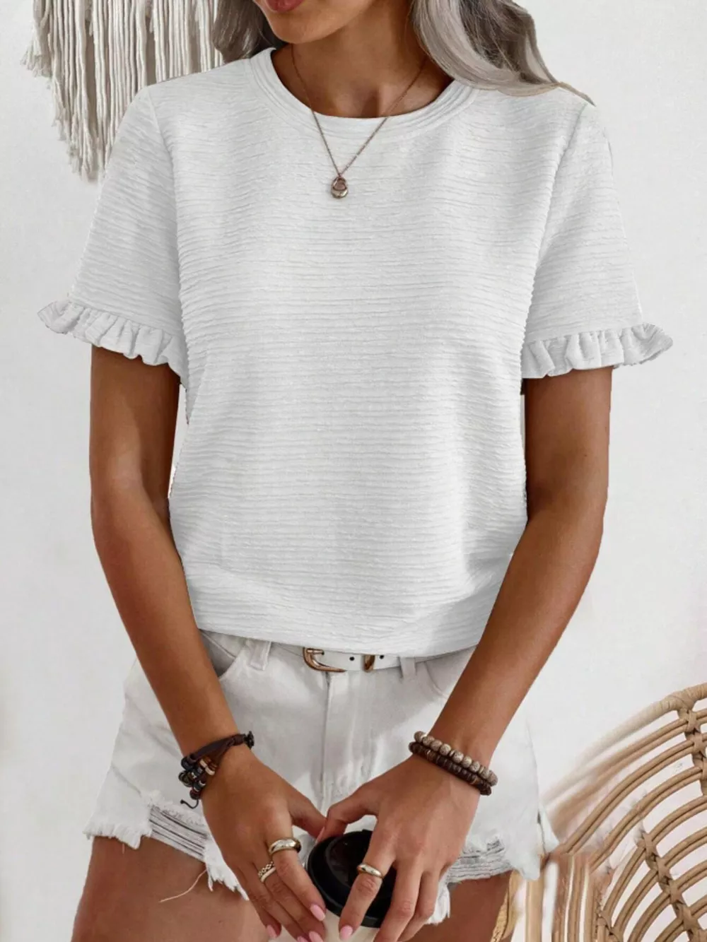 Textured Ruffle Sleeve Round Neck T-Shirt, image 25