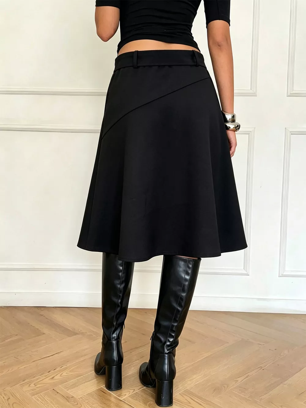 High-Waisted A-Line Midi Skirt with Belted Detail, image 7