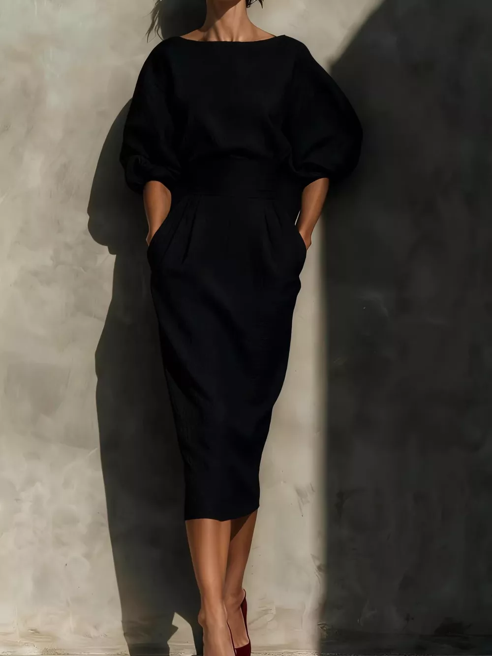 Full Size Round Neck Puff Sleeve Midi Dress Plus Size, image 3