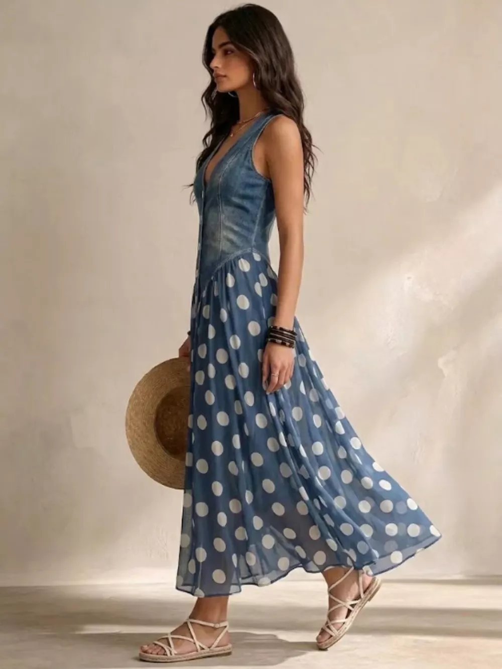 Polka Dot Denim Bodice Sleeveless Maxi Dress, image 3
