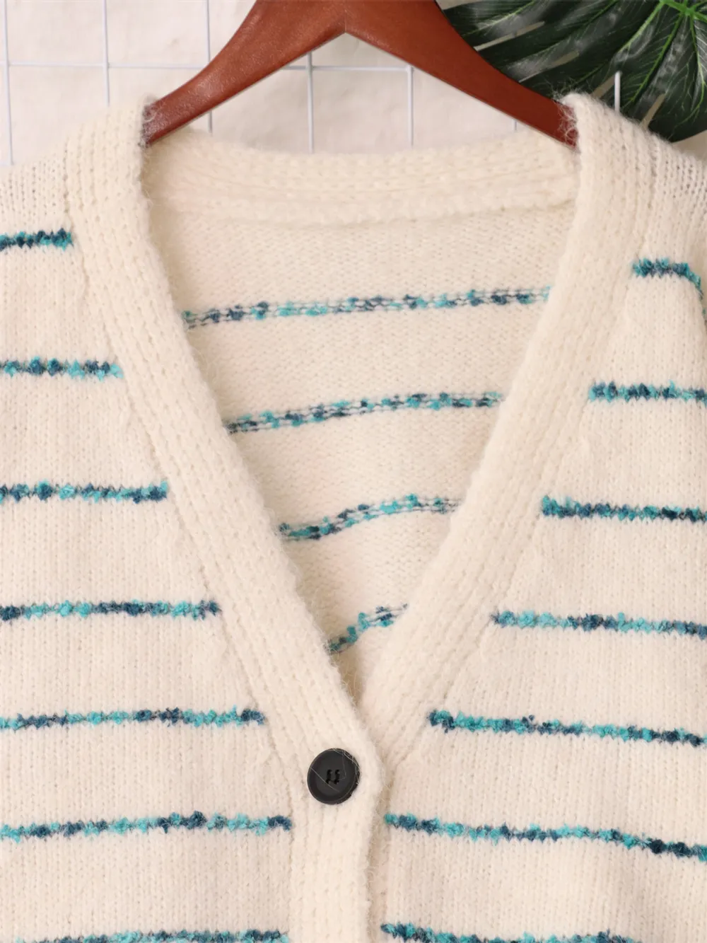 Striped Button-Up Cardigan with V-Neck Design, image 8