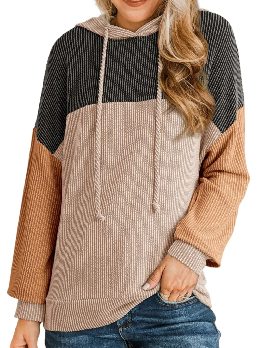 Drawstring Color Block Long Sleeve Hoodie, image 3