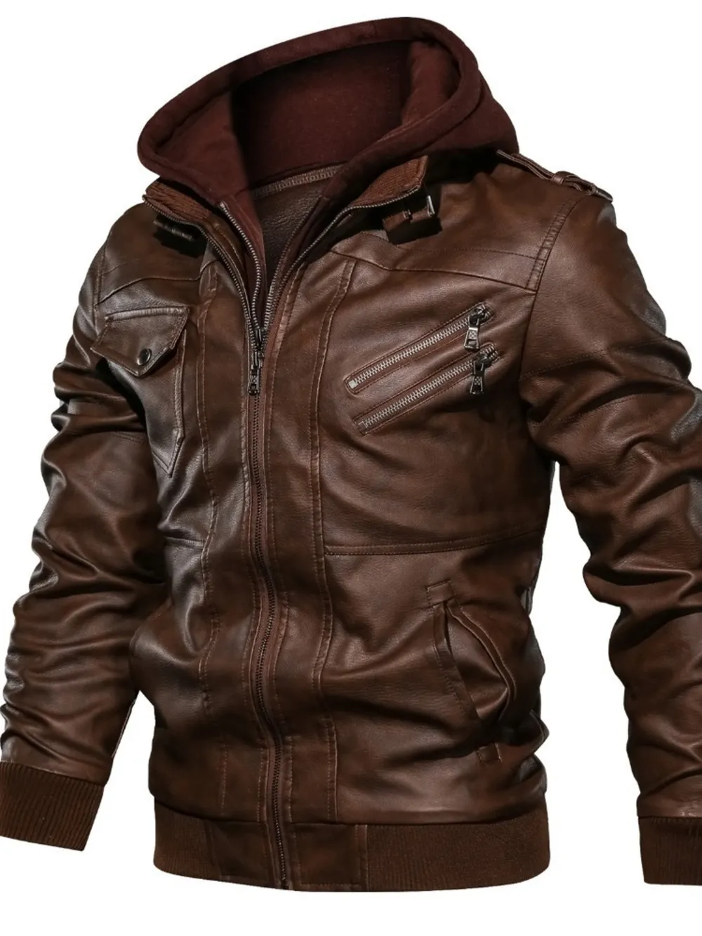 Men's Full Size Hooded Faux Leather Motorcycle Jacket Plus Size, image 5