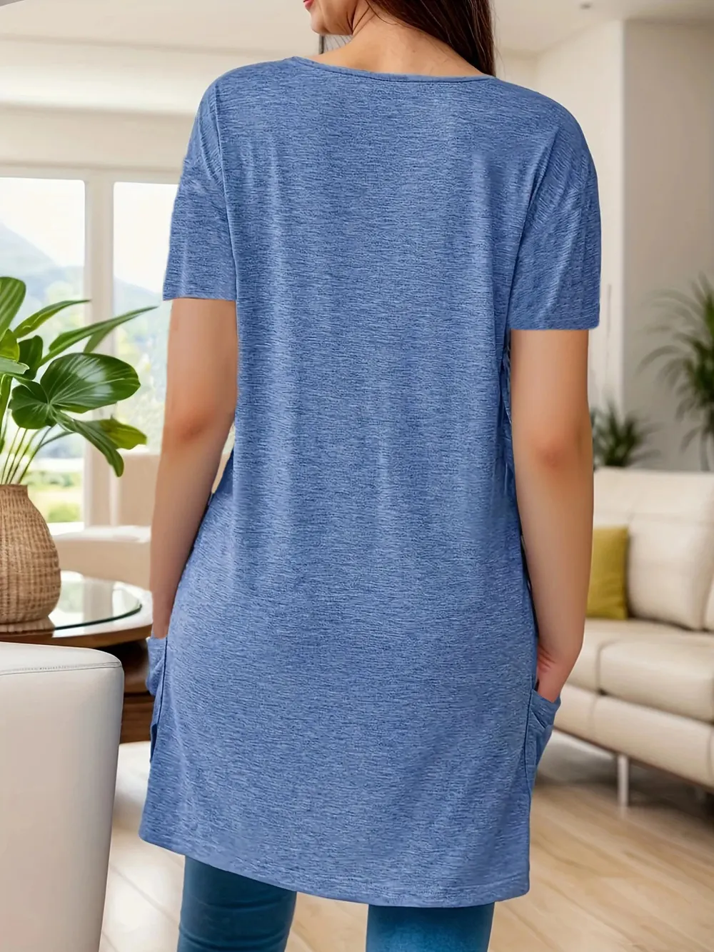 Full Size V-Neck Pocket Front Asymmetric Hem T-Shirt Plus Size, image 3