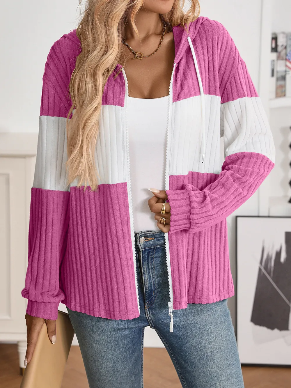 Drawstring Color Block Zip Up Outerwear, image 20