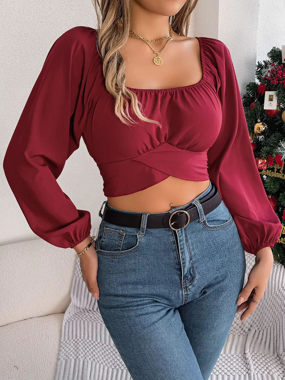 Elegant Ruched Long Sleeve Crop Blouse, image 8