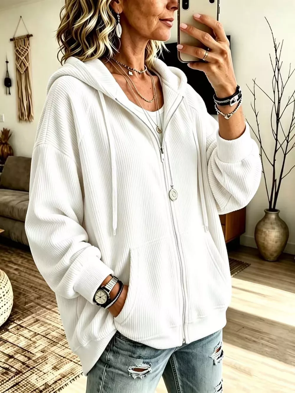 Ribbed Knit Quarter-Zip Hoodie with Kangaroo Pocket, image 10