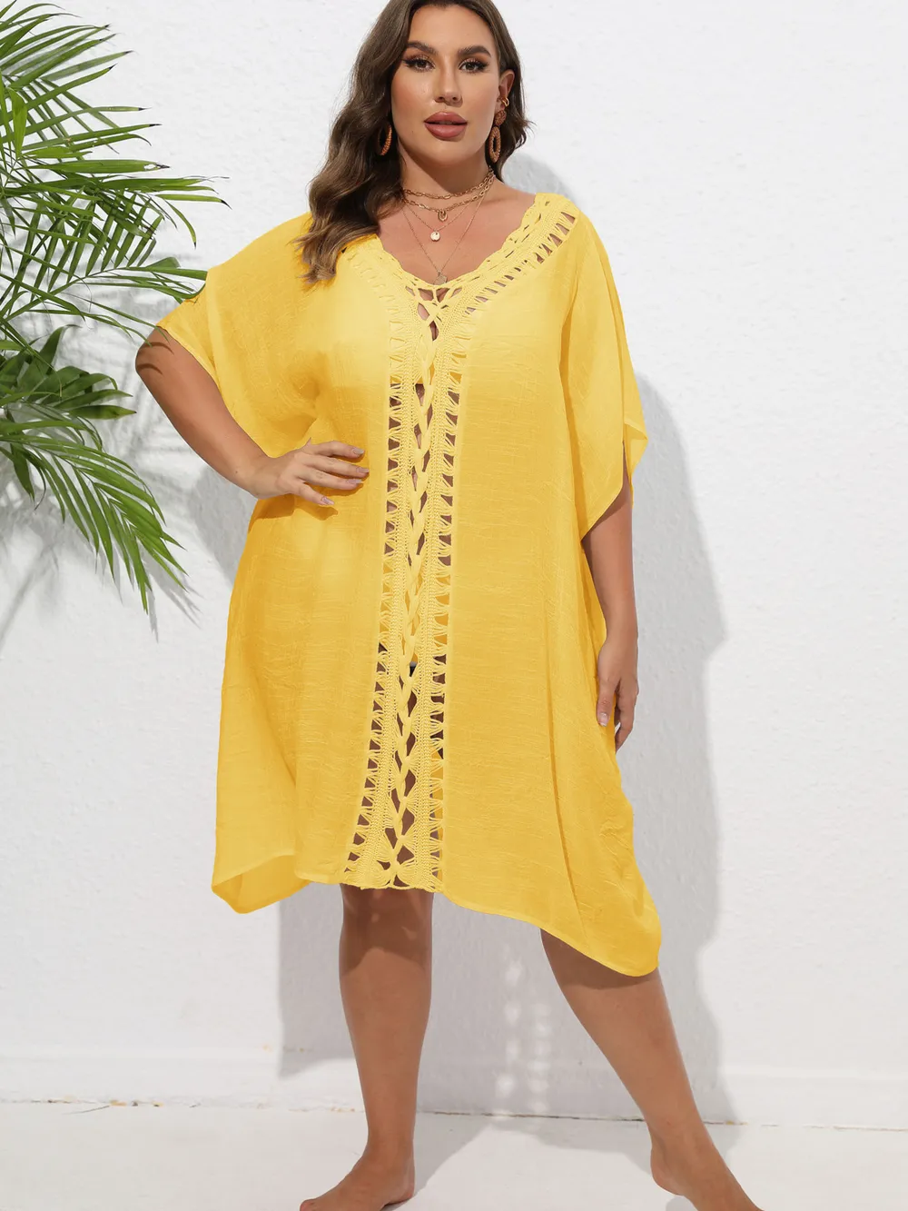 Crochet Trim V-Neck Beach Cover Up Dress, image 48
