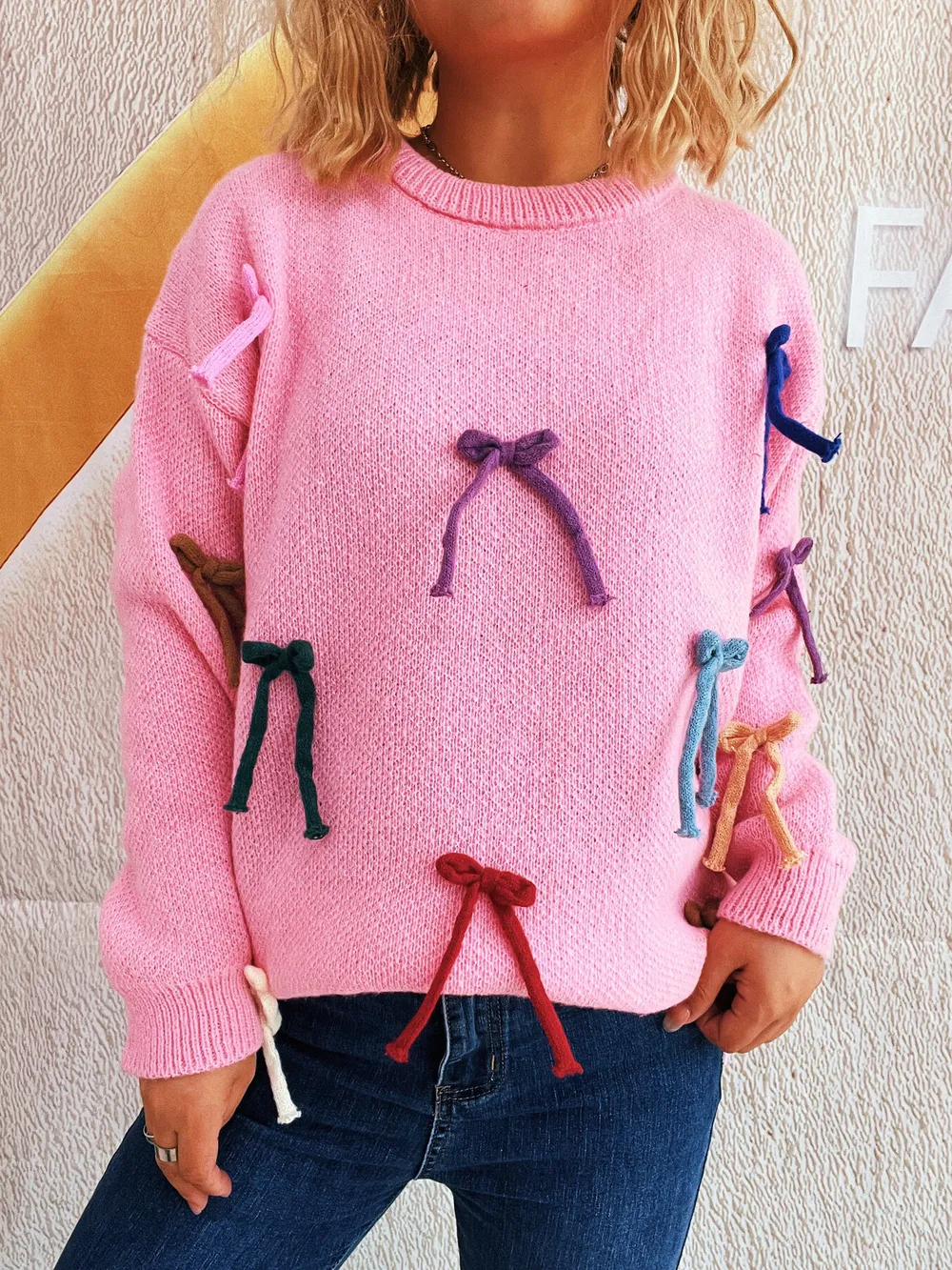 Colorful Bow Round Neck Sweater, image 8